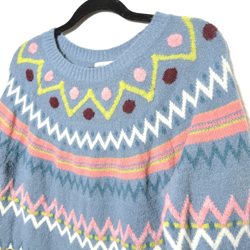 Sundance Women Glencoe Blue Fair Isle Wool Alpaca Blend Crewneck Sweater Medium